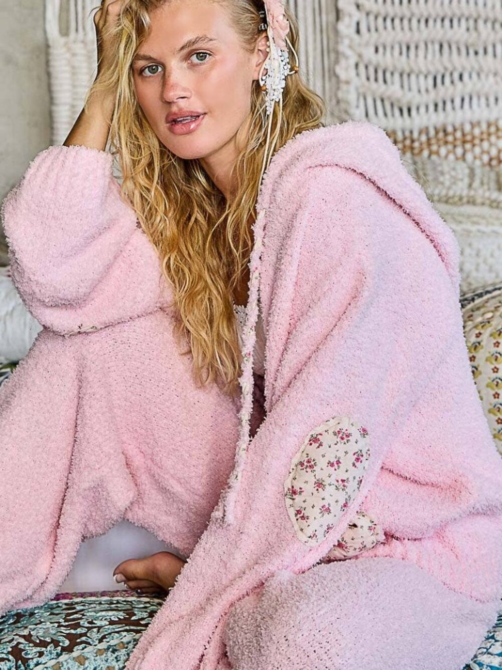 POL NWT Floral Printed Cozy Pink Berber Sweater Hoodie Zip-Up Jacket - Picture 6 of 7